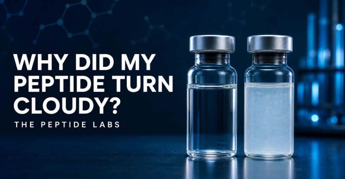 Cloudy peptide solution compared with a clear peptide solution in laboratory vials