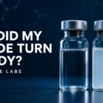 Cloudy peptide solution compared with a clear peptide solution in laboratory vials